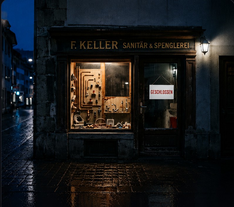 Sanitärgeschäft an einer nassen Gasse bei Nacht mit rotem GESCHLOSSEN-Schild in der Tür